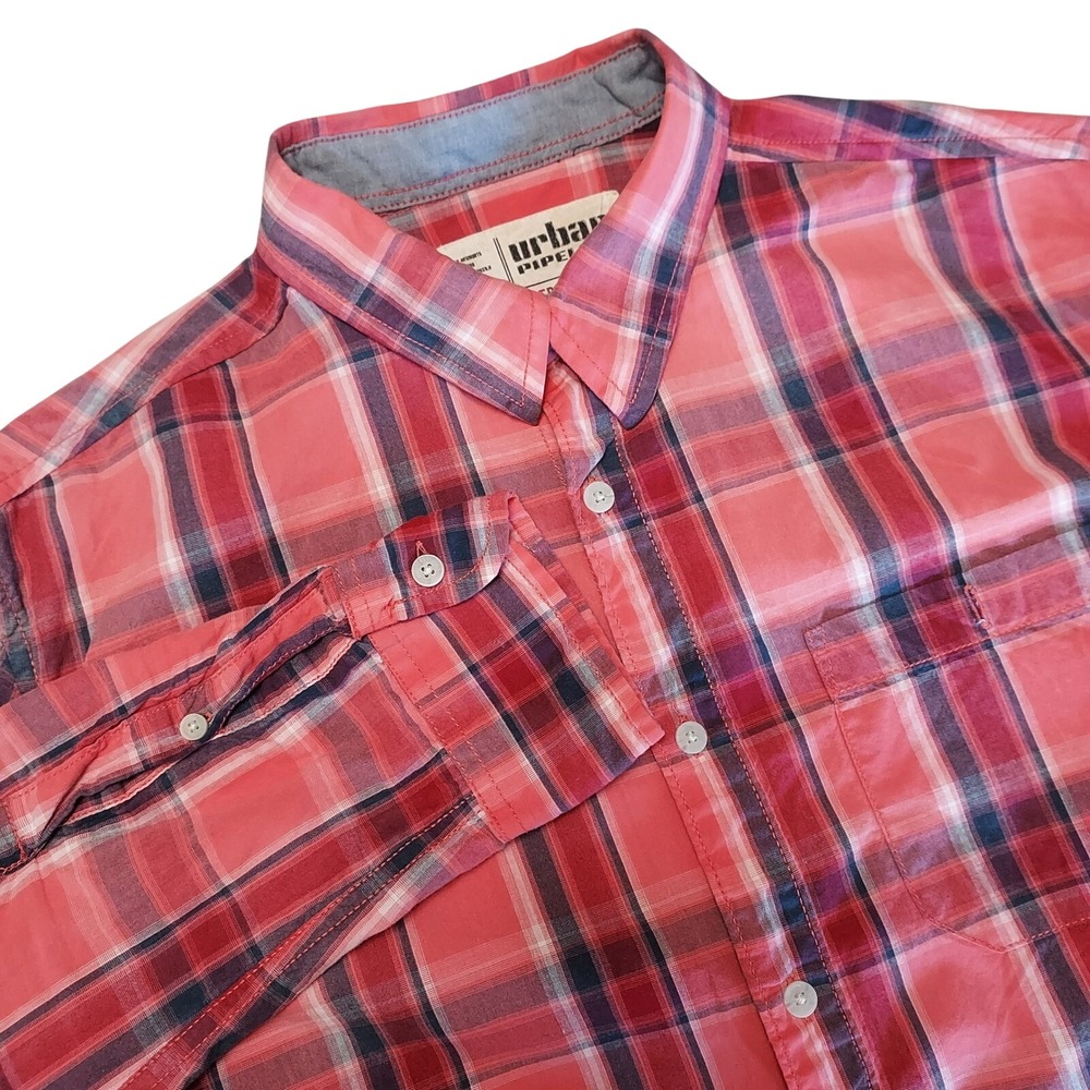 Urban Pipeline Mens Medium Red Blue Plaid Cotton Long Sleeve Button Down Shirt